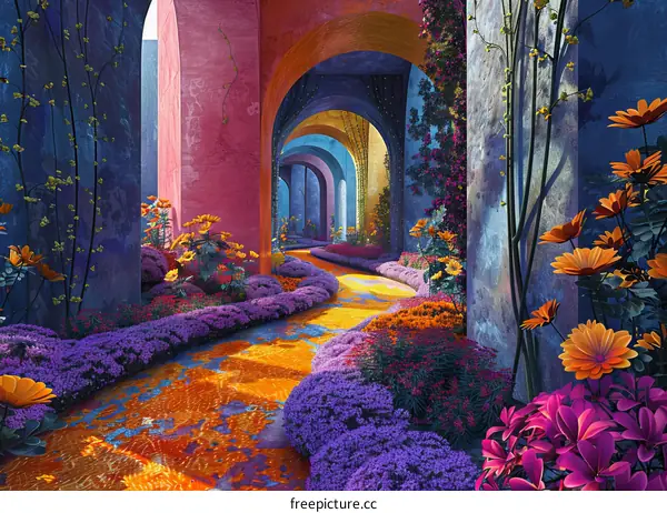 Surreal Colorful Garden with Flowers and Arches