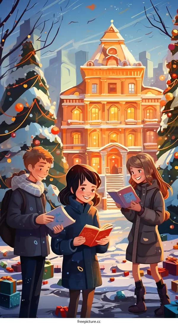 Three friends reading books in front of a snowy building