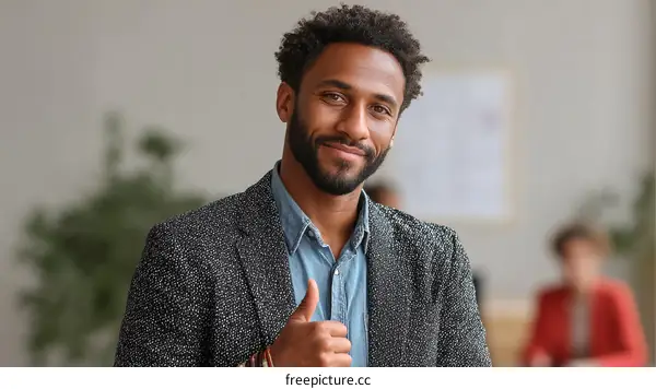 Confident young man in casual business suit giving thumbs up