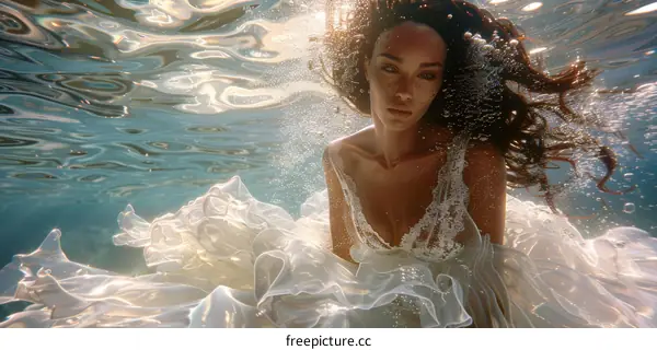 An underwater photo of a woman in a white dress