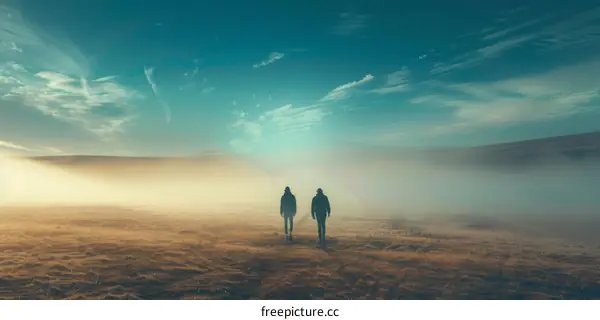Two people walking in a foggy field