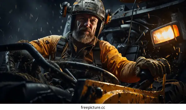 Farmer Operating Backhoe in the Rain