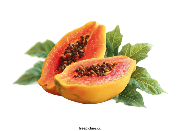 [Transparent Background PNG]Fresh Papaya Slices with Leaves