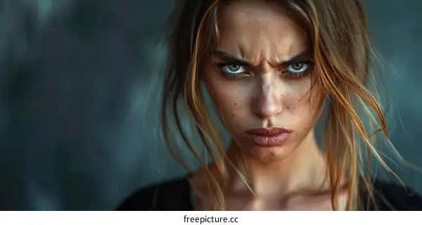 Close-up Portrait of a Caucasian Woman with Intense Expression