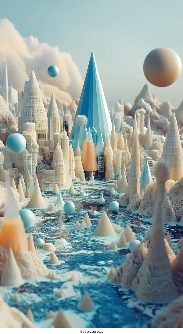 Abstract Cityscape with Geometric Towers and Floating Spheres