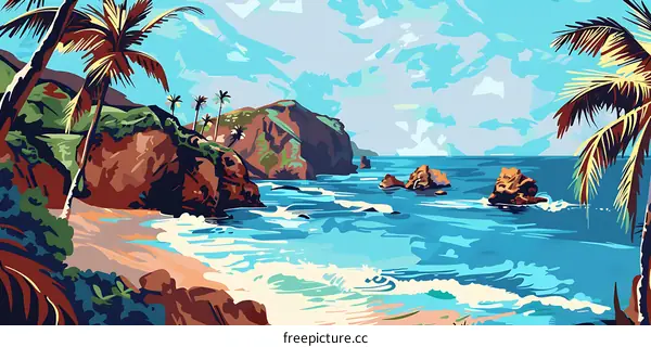 Tropical Beach Landscape with Palm Trees and Blue Sky