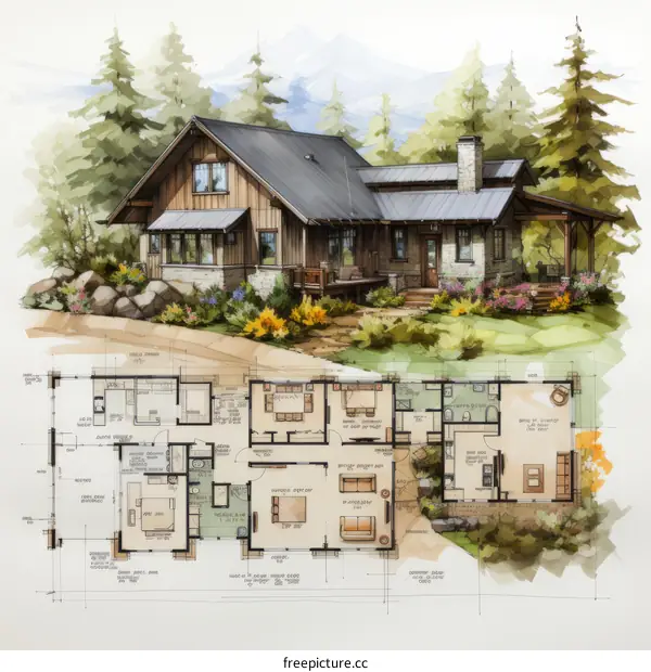 house plan of a two-story cabin with a modern exterior