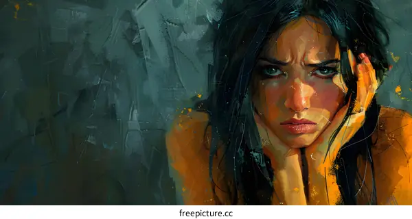 A portrait of a young woman with long black hair and green eyes. She is wearing a white shirt and has her hands on her head. The background is a dark green.