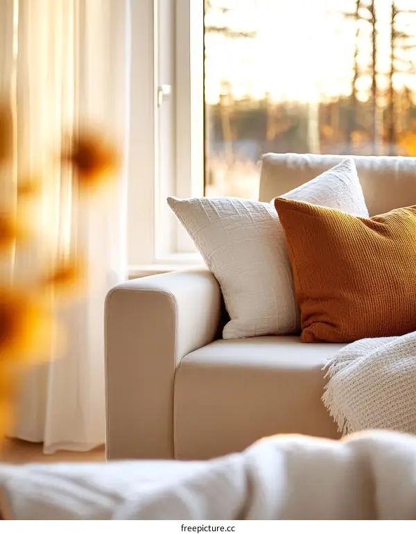 Cozy Beige Sofa with Warm Lighting