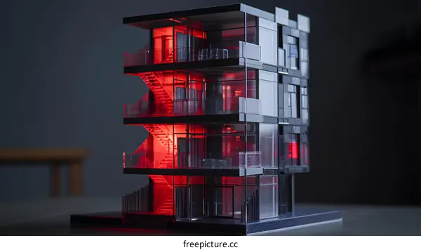 Modern Architecture Building Model With Red Lighting