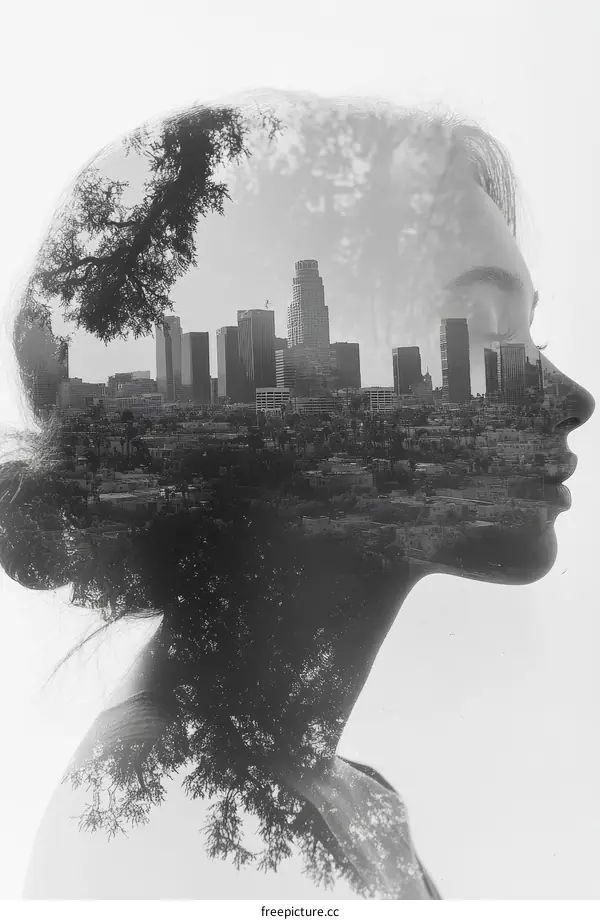 Double Exposure Portrait of a Woman with a Cityscape