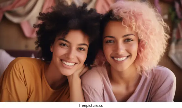 Two young multiracial women with curly hair smiling at the camera