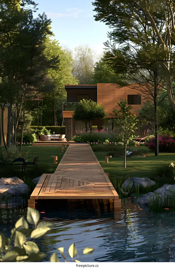 Wooden Pathway Leading to a Modern Home in a Lush Forest