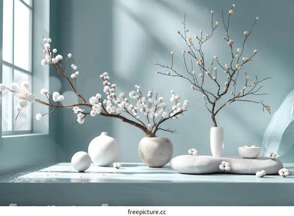 White Cotton Branch Flowers in Vases on a White Stone
