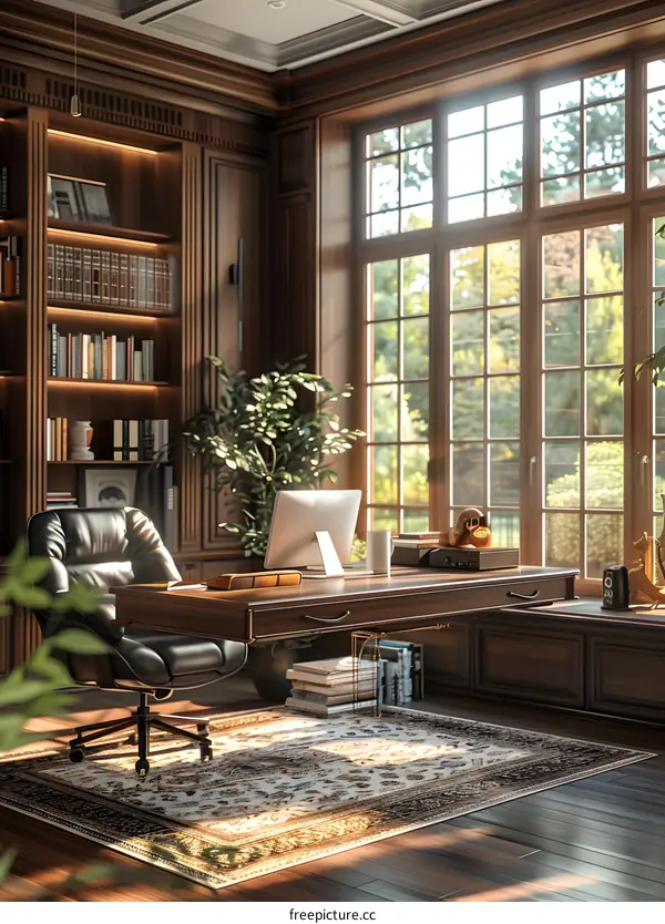 Home office interior with large windows and a wooden desk