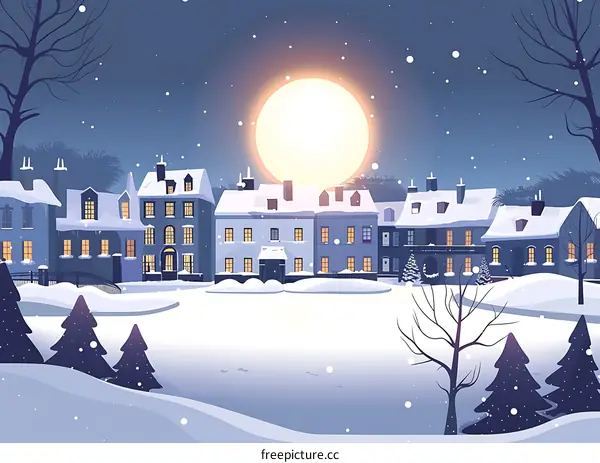 Snowy Night Winter Village Houses Landscape Illustration