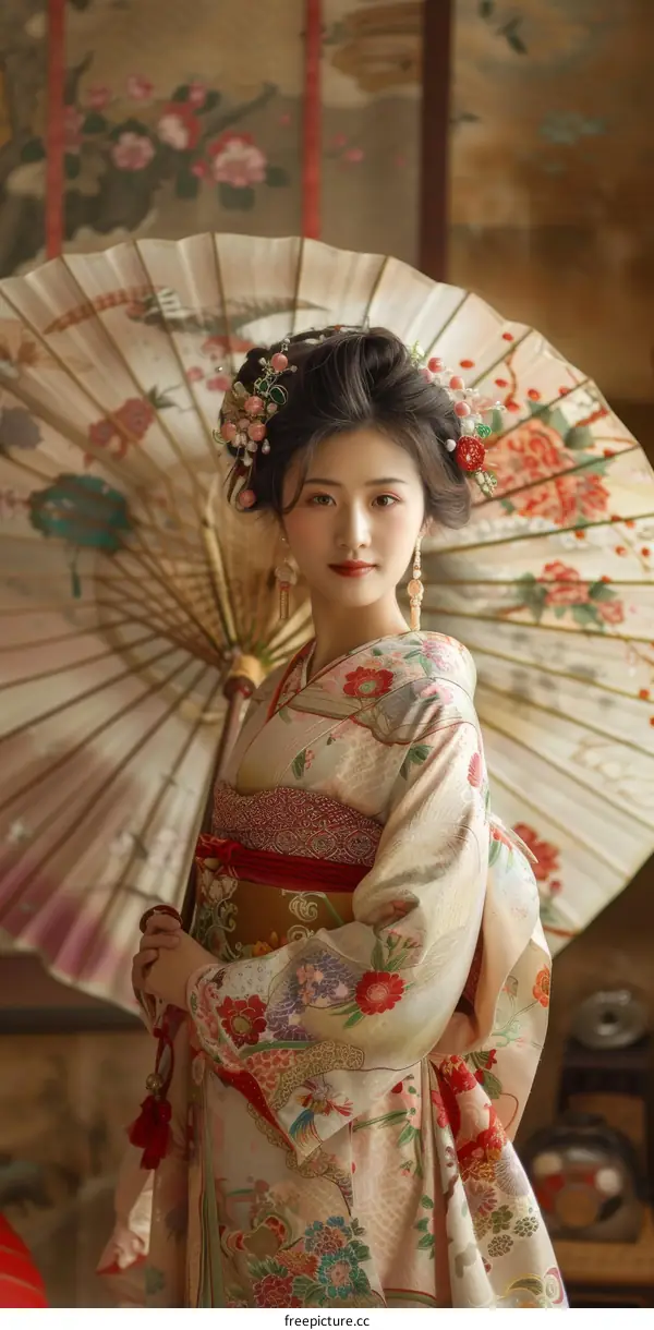 A beautiful Japanese woman in traditional kimono holding an umbrella