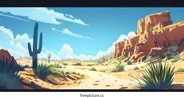 Desert Landscape with Cactus and Red Rocks
