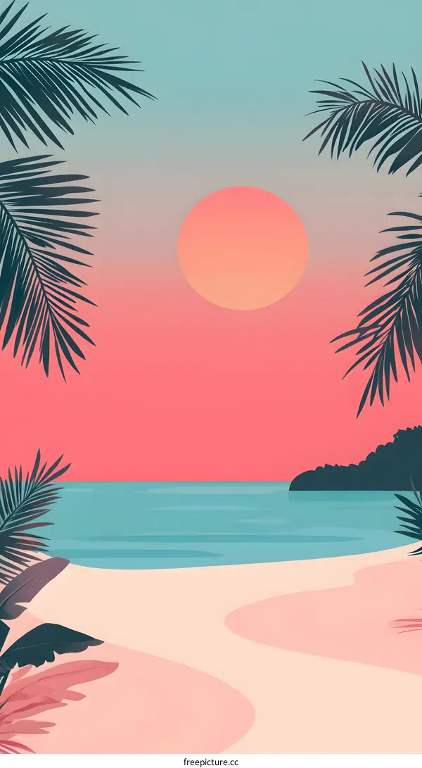 Tropical Sunset Beach Scene Illustration