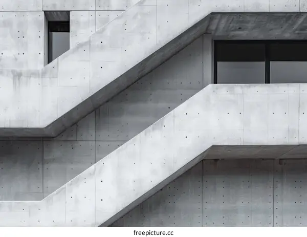 Concrete brutalist residential building with two staircases and small windows