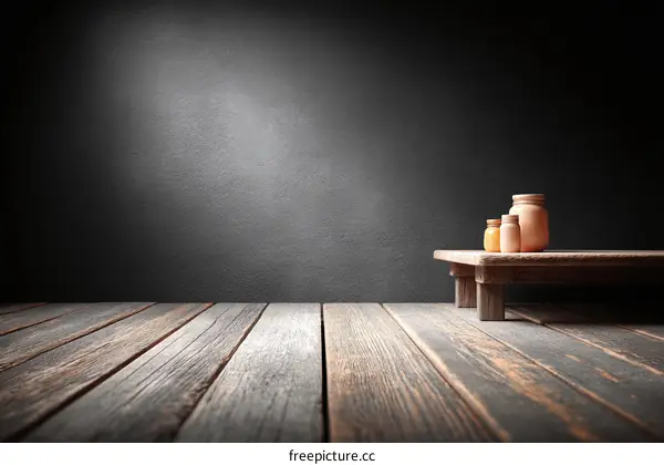 Empty Dark Room with Wooden Tabletop and Decorative Items