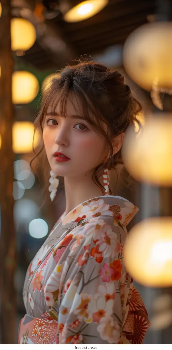 Asian Woman in Traditional Kimono at Night