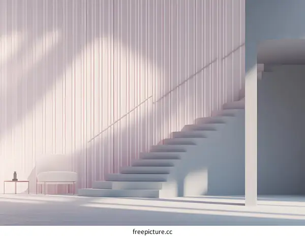 Minimalist Interior Design with Pink Striped Wall and Modern Staircase