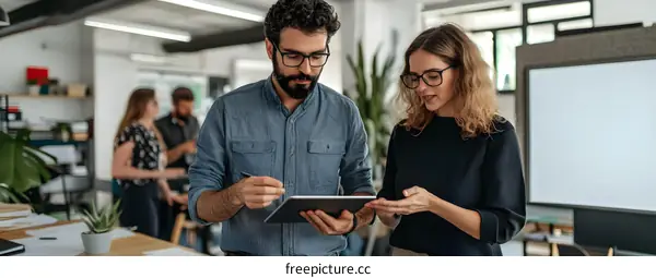 Two Business Professionals Discussing Work on a Tablet in an Office