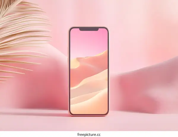 Pink Background with Smartphone Displaying Desert Landscape
