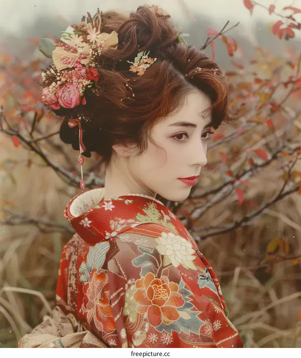 Portrait of a young woman in a kimono with a floral headdress