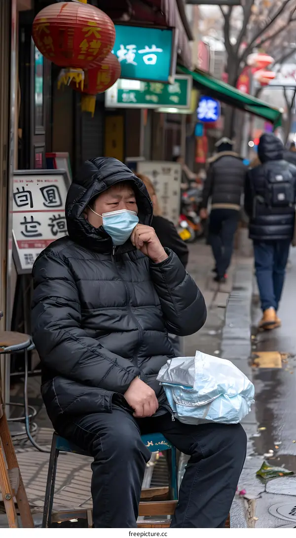 Man wearing a face mask sitting on a stool in a street in China