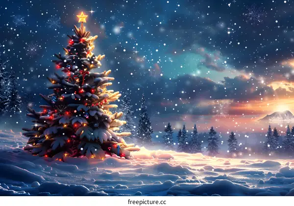 Christmas tree shining in the snow