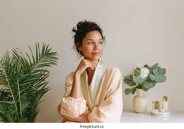 Thoughtful Woman in a Light Peach Robe