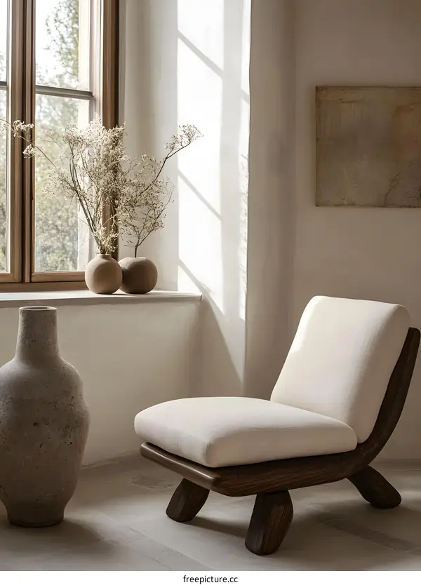 Modern Wooden Chair with Cushions in Minimalist Room with Natural Light