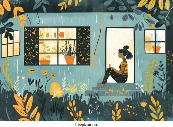 A woman is sitting on the porch of her house, reading a book. It is raining outside.