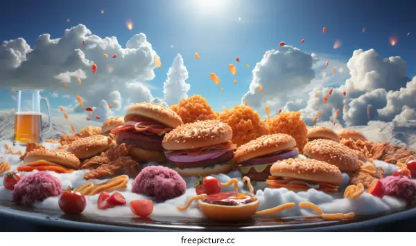 Burgers and fried chicken with beer on clouds