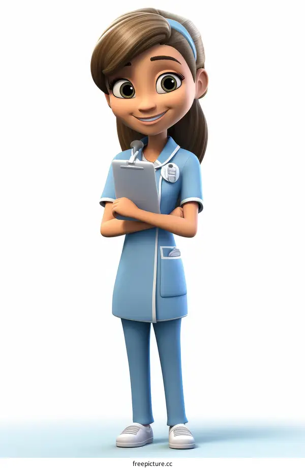 A 3D illustration of a young female nurse with brown hair wearing a blue uniform and holding a clipboard