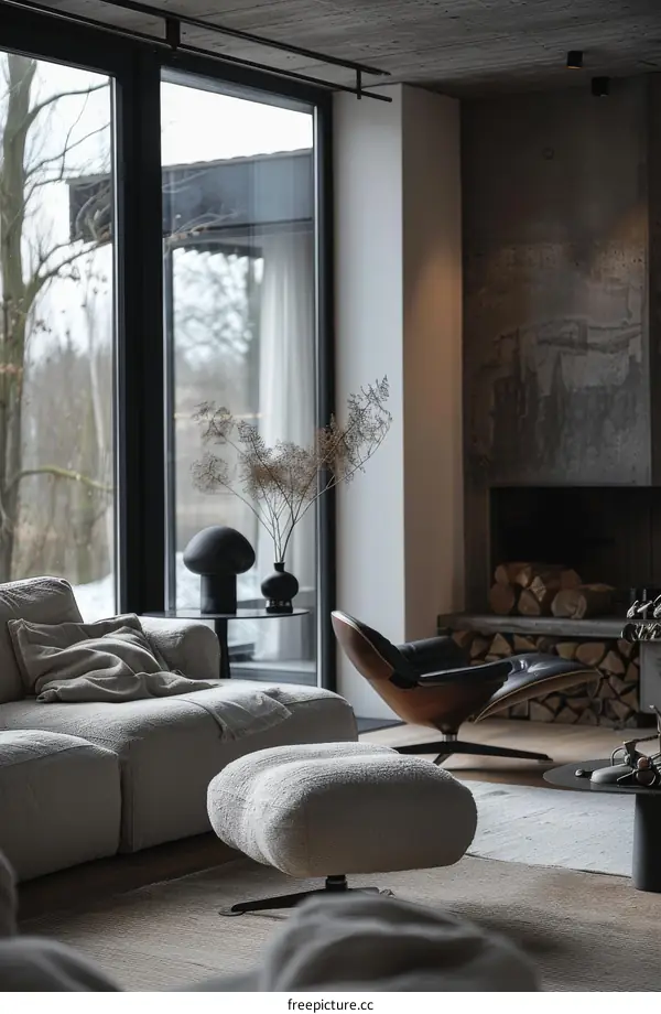 Modern Living Room with Large Windows, Fireplace and Cozy Furniture