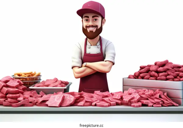 A butcher standing behind a counter full of meat.