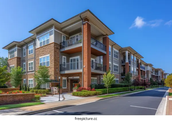 Modern apartment buildings with brick and stone exterior