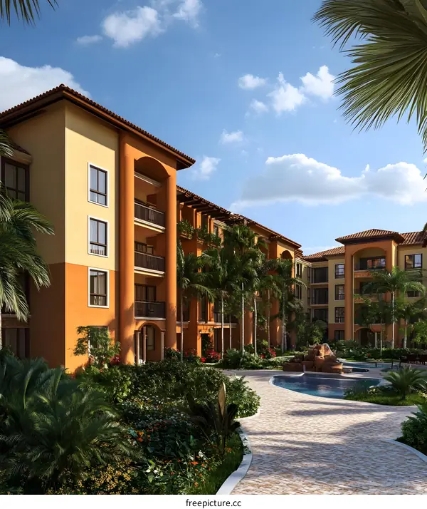 Tropical Resort Style Apartments Building with Pool and Lush Greenery