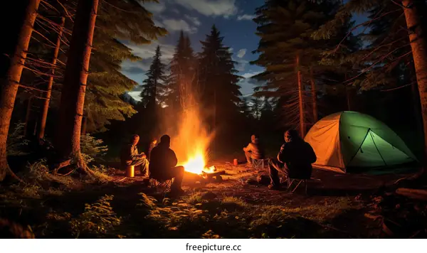 Four people camping in the woods at night