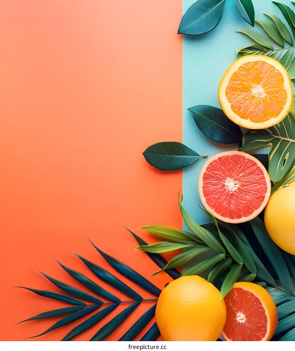 Tropical Fruits and Palm Leaves on Colorful Background