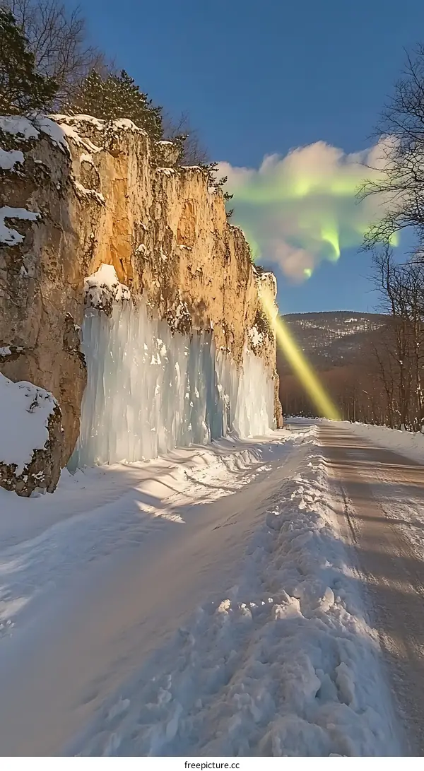 Winter Wonderland Landscape with Frozen Waterfall and Aurora Borealis