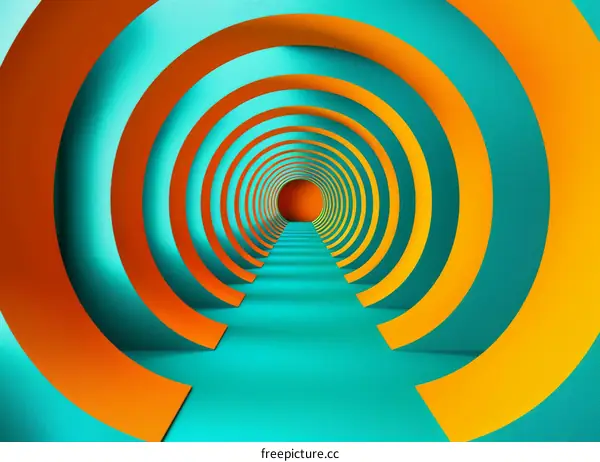 Surreal Tunnel of Spiraling Orange and Blue Rings