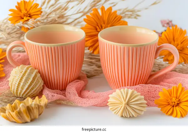 Two Pink Coffee Mugs With Yellow Flowers and Cookies on a White Background