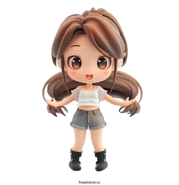 [Transparent Background PNG]3D cute cartoon girl with brown hair wearing white crop top and denim shorts