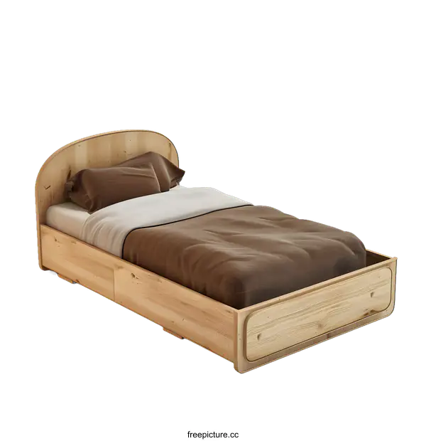 [Transparent Background PNG]Wooden Bed with Brown Bedding and Storage Drawers