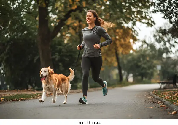 Woman Jogging With Dog In Park