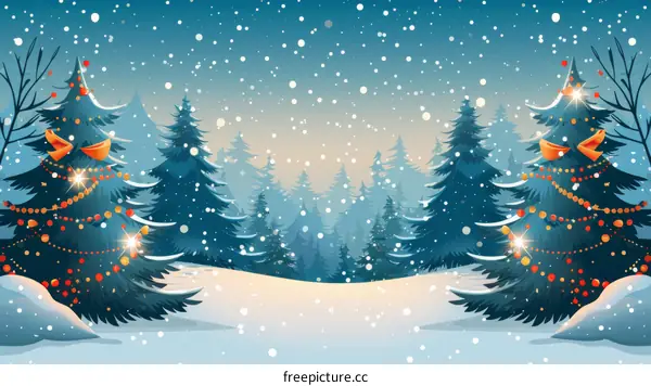 Snowy Forest Decorated for Christmas at Night